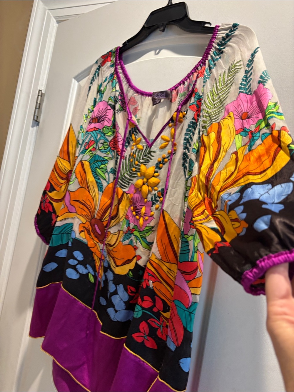 Hale Bob Multicolor Floral Beaded Oversized Peasant Tunic Silk Top Medium - Picture 5 of 7